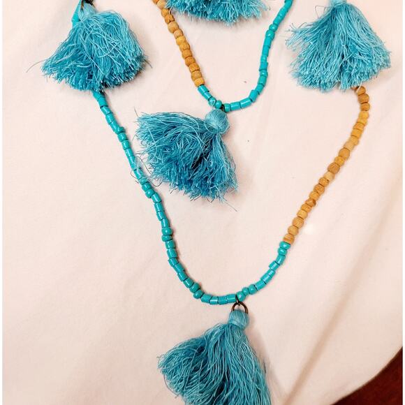 New Studio S blue beaded tassel layered boho statement necklace - Picture 5 of 7